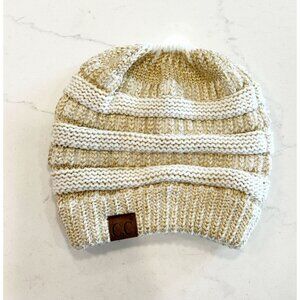 C.C Exclusives Knit High Bun Ponytail Hat in Ivory & Gold Metallic